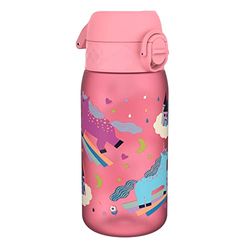 Ion8 Kids Water Bottles, BPA Free, Leakproof, Dishwasher Safe, Easy Open, Secure Lock, Small Boys & Girls Water Bottle,Kids Drinks Bottle for Spill-free Drinking, Pink, Unicorns, 350ml/12oz