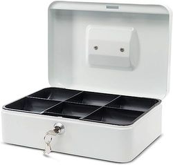 MAUL caja fuerte de acero 25 x 18 x 9 cm | Caja caudales con cerradura | Bandeja extraíble para monedas | Caja con 2 llaves | Caja registradora robusta con asa | Blanco