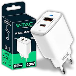 V-TAC Chargeur Rapide PD 20W USB-C pour iPhone et Samsung – Ultra Rapide pour Smartphones et Appareils – 2 Ports USB Type C et USB A pour iPhone 13/14 / 15/16 Pro/Max et Galaxy S24 /S25