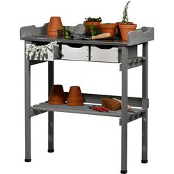 dobar® Table à Plantes avec 3 tiroirs et étagère de Rangement, en Bois Massif, avec Capuchons de Protection, Table de Jardin d'extérieur avec Plan de Travail galvanisé, 78 x 38 x 88 cm, Gris et Blanc