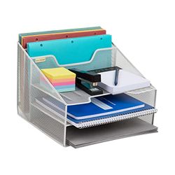 Mind Reader Kolekcja sieciowa, 3-poziomowy, 5-komorowy organizer na biurko z 2 pionowymi uchwytami na dokumenty i 3 poziomymi tacami na papier, organizer na biurko, metalowa siatka, biały