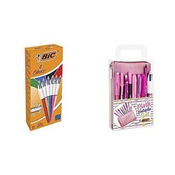 BIC 4 Colori Shine Penne A Sfera Con Punta Media (1.0 mm), Fusti Metallici Assortiti & Pink&Purple, Set Con Astuccio, 2 Penne A Sfera, 1 Penna Gel Cancellabile, 1 Pennarello Punta Fine