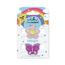 invisibobble CLIPSTAR GLOW KIDS HAPPY FLOWER Lot de 2 barrettes à cheveux lumineuses pour enfants - Design fleur et papillon - Pinces à cheveux antidérapantes pour des cheveux sains - Parfait pour les