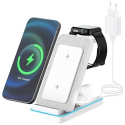 JOEAIS 3 En 1 Cargador Inalambrico, Plegable Y Estacion De Carga, con Adaptador, Carga RáPida De 15W MáX. Cargador Inalambrico Rapido, para iPhone/Samsung/Iwatch/Airpods/Pro (Blanco)