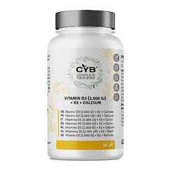 CYB | Vitamina D3 y K2 + Calcio 500mg - 90 Tabletas de Vitamina D Fáciles de Tragar - Suministro para 3 Meses - Suplemento Diario - Producto Vegetariano