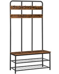HOOBRO Large Coat Rack Stand, Hall Tree with 12 Hooks and Shoe Bench, Clothes Rack with Metal Frame for Living Room Entryway Hallway, Height 182 cm, Industrial Style, Rustic Brown EBF05MT01