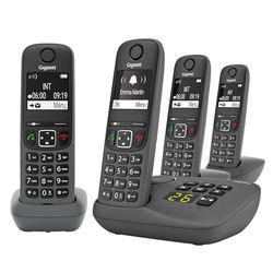 Gigaset A695A Quattro - 4 téléphones DECT sans Fil avec répondeur - écran à Haut Contraste - Excellente qualité Audio - Fonction Mains Libres - Protection d'appels, Gris [Version française]