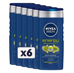 NIVEA MEN Energy Doucheshampoo, 6 x 250 ml, revitaliserend doucheschuim voor lichaam, gezicht en haar, verfrissend met muntextract