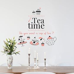 Wallflexi Autocollant Mural Heure Du Thé Décoration Amovible Décalques Nurserie Jardin D'Enfants Chambre Restaurant Café Hôtel Bureau de Maison, Multicolore