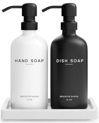 Brighter Barns - Set di dispenser di sapone per mani e piatti, in vetro, con vassoio, per cucina, casa o ristorante, decorazione moderna per la cucina di fattoria (nero/bianco)