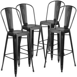 Flash Furniture Blake - Sgabello da Bar in Metallo Nero Invecchiato con Schienale, per Interni ed Esterni, Confezione da 4, 76,2 cm