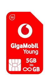 Vodafone GigaMobil Young Triple SIM, 1 kaart voor alle tarieven, 5 GB tot onbeperkt gegevensvolume, actie 24 x 20% tariefbatt, 5G-netwerk, EU-roaming, telefoon, sms-flat naar het Duitse netwerk