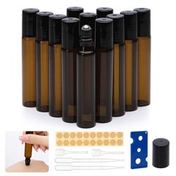 Carehabi Lot de 12 Flacon à Bille Verre pour Huile Essentielle, 10ml Flacons Roll on vides Rechargeable Marron Transparent Bouteille avec pipette pour Huiles Parfumé, Cosmétique, Massage