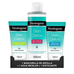 Neutrogena Skin Detox Gel Exfoliante Facial Refrescante (150 ml), Agua Micelar Triple Acción (400 ml), Mascarilla facial de Arcilla Purificante 2 en 1 (150 ml), rutina de limpieza facial