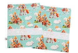 Filet - Set van 2 katoenen kinderdagzakken met prinsessenprint Tiffany-groen, inzetstuk van Aida-stof om te borduren, Made in Italy, 42 x 34 cm, ideaal om in te wikkelen, voor schoenen, sport, Groen