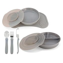 Twistshake Babyservis set - 6 Delar | 1x Baby Silikon Bordstablett - 1x Kid Tallrik - 1x Delad Tallrik - 3x Rostfritt Stål Lär dig Bestick | Babymiddagsset | Porslin för Avvänjning | 6m+ | Grå