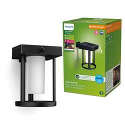 Philips LED Camill Lampada Solare da Parete per Esterni Ultra Efficiente, Smerigliata, Rotondo, Luce Bianca Fredda, 1.4W, Sensore di Movimento, IP44, Nero [Classe di efficienza energetica A]