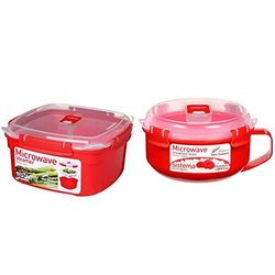 Sistema Contenitore Per Cottura A Vapore In Microonde, Medio, 2,4 L & ciotola da colazione per microonde | Contenitore rotondo con coperchio | 850 ml | Senza BPA | Rosso/Trasparente | 1 pezzo