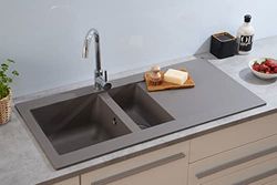Respekta lavello da cucina Denver in mineralite color grigio cemento / Lavello da incasso a 1,5 vasche, dimensioni 100 x 50 cm / Lavello adatto per mobili sottolavello da 60 cm di larghezza