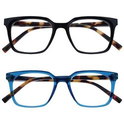 OPULIZE KOI Occhiali da Lettura, Confezione da 2 - Montatura Rettangolare Grande - Nero-Blu - Uomo e Donna - Cerniere a Molla - RR50-13 - +2.00