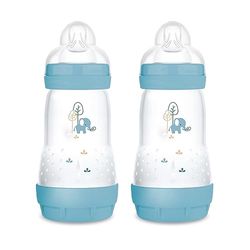 MAM Easy Start Anti-Colic babyflaska i en uppsättning om 2 (260 ml), särskilt väl accepterad mjölkflaska, babyvattenflaska med golvventil mot kolik och nappstorlek 1, 0+ månader, elefant