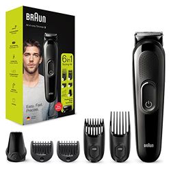 Braun 6-in-1 baard trimmer serie 3, met haar- en neustrimmer, voor baard, gezicht en tondeuse met levenslange scherpe messen, 5 hulpstukken, geschenken voor mannen, MGK3235, zwart scheermes