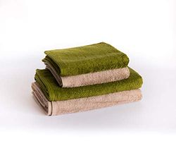 Sancarlos - Lot de 4 essuie-Mains Ocean Duo, 2 lavabos et 2 Serviettes de Bain, Couleur Pierre et Vert, 100% Coton, 550 g/m²