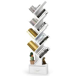 COSTWAY Boekenkast met lade, 8 verdiepingen, staand rek, boomvorm, cd- en dvd-plank, voor slaapkamer, woonkamer en thuiskantoor, 38 x 21,5 x 149,5 cm (wit)