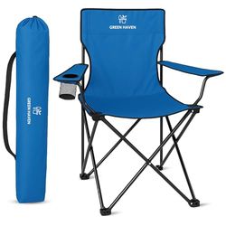 Green Haven Chaise de Camping Pliante – Chaise de Pique-Nique légère Bleue avec Porte-gobelet, Polyester 600D et Anti-déchirure, Cadre en Acier Robuste, Portable et Confortable pour Le Camping en