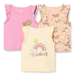 Amazon Essentials Girls' Ruffle Tank Tops, Pack of 3, Badges/Unicorn/Wander, 8 Years