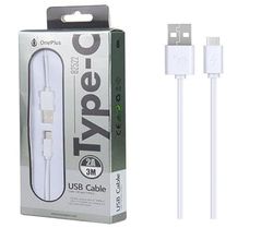 Cable USB - Cable de Datos USB 2.0 a Type-C, 3m de Longitud, 2.4A de Potencia, Color Blanco. Ideal para transferencias rápidas y seguras.