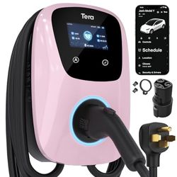 Tera Elektrische voertuiglader voor Tesla: J1772 EVs ETL gecertificeerd niveau 2 48 40 Amp 240 Volt Tesla Home EVSE met handmatige instellingsamps schema op eenheid NEMA 14-50 25 FT kabel W01 roze