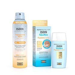 ISDIN Fotoprotector Fusion Water Pediatrics SPF 50, hidratación intensa + Fotoprotector ISDIN Transparent Wet Skin SPF 50, Spray transparente, eficaz sobre piel mojada, Ginger Cell Protect, 250 ml