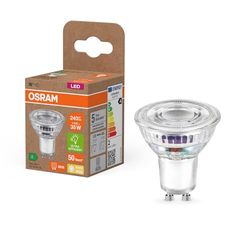 Osram à réflecteur LED de classe énergétique PAR16 de 1,3 W, 240 lm, blanc chaud (2700 K) en verre transparent sans plomb avec culot GU10 de classe d'efficacité énergétique A, diamètre 50 mm, IP20.