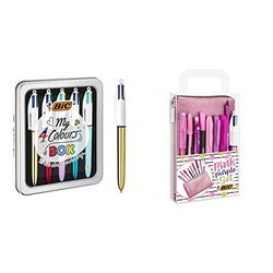 BIC 4 Colori Penne a Sfera a Scatto Assortite Punta Media (1.00 mm), Confezione Metallica da 5 Penne Assortite & Pink&Purple, Set Con Astuccio, 2 Penne A Sfera, 1 Penna Gel Cancellabile