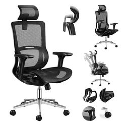 MARK ADLER Expert Bureaustoel, managersstoel, ergonomische armleuningen, hoofdsteun, instelbaar, geventileerd Air Mesh HD-materiaal, tot 150 kg belastbaar, rubberen wielen, zwart