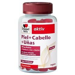 Doppelherz aktiv Piel+Cabello+Uñas, Gominolas con Vitaminas A, C, E & B6. 500 μg Biotina, Zinc, Selenio, Apróx. 60 Gomitas Blandas Veganas Sabor Frambuesa