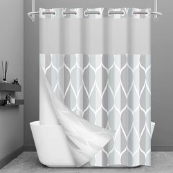 Yiatn No Hook Grey Shower Curtain with Snap in Fabric Liner Set - Hotel Style with See Through Mesh Top Window, Modern Geometric Waterdrop Design,Waterproof and Washable, 71x74 INCH
