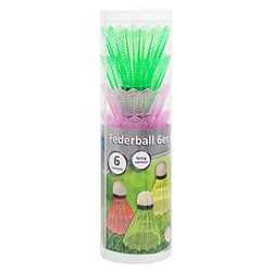 Idena 40466 - Volants de badminton en plastique avec pointe en mousse, 6 pièces, couleurs assorties, dans une boîte de transport ronde, accessoires de rechange pour tous les jeux de badminton.