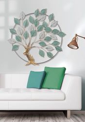 AlexandreHouse Wall Relief, Round, Tree Pattern, Metal, White, Gold-Colored, Light Green, PU 1, L. 5 cm, W. 72 cm, H. 70 cm