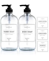 Vine Creations Lot de 2 distributeurs de Savon en Verre Transparent épais de 473,6 g avec Pompe en Plastique Noir, décoration Moderne pour Cuisine et Salle de Bain, avec étiquettes étanches