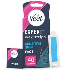 Veet Expert Facial Wax Strips for Women, 40 Count + 4 Finish Wipes, Sensitive Skin Remover with Almond Oil, Dermatologically Tested, Effective Face Solution