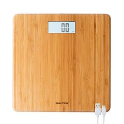 Salter Pèse-Personne Digital Eco Bamboo | Balance Numérique en bambou pour Pesée Précise | Grand écran | Pèse en kg, st ou lb | Grande capacité jusque 150kg | Rechargeable USB