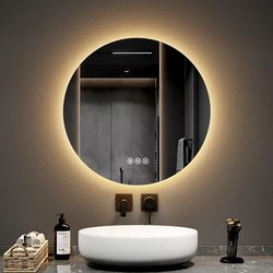 EMKE Specchio da bagno rotondo di 60 cm di diametro, con anti-appannamento+interruttore tattile, specchio da bagno con retroilluminazione a LED, specchio rotondo LED a 3 colori di luce variabile
