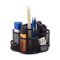Relaxdays 10022487_46 Organiseur de bureau porte-stylos notes cartes de visite fournitures maille 7 compartiments pivotant, noir, Métal, 11 x 17,5 x 16,5 cm
