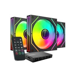 MARS GAMING MF-3DPROKIT, Kit 3x PWM 120mm Ventilatoren, ARGB Infinity Mirror 3D Verlichting, PWM Regelsysteem, FDB-Lagers, Afstandsbediening en HUB, Totale ARGB Compatibiliteit, Zwart