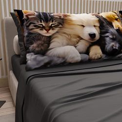 PETTI Artigiani Italiani - Sábanas de Animales con Gatos y Perros de algodón con Fundas de Almohada de impresión Digital, sábanas matrimoniales, Juego de Cama matrimonial Gris Oscuro, 100% Made in