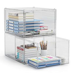 Lot de 2 tiroirs de rangement empilables en plastique transparent, organiseurs de tiroir de bureau à 2 tiroirs, organiseur de maquillage avec tiroirs, organiseur de tiroirs en acrylique pour