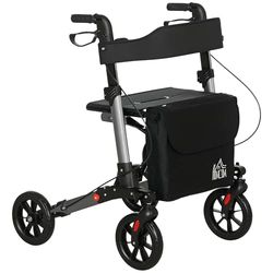 HOMCOM 4 Wheel Rollator with Seat and Back, Folding Mobility Walker with Carry Bag, Adjustable Height, Dual Brakes, Cane Holder, Lightweight Aluminium Walking Frame for Seniors and Disabled, Silver