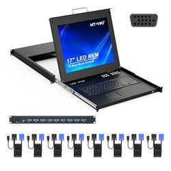 MT-VIKI Monitor LCD da 17 pollici con montaggio a rack, KVM Monitor Switch a 8 porte KVM VGA con console integrata per armadio da 1U 600-800 mm, tastiera, cassetto Hotkey OSD con 4 x 1,5 m + 4 x 1,8